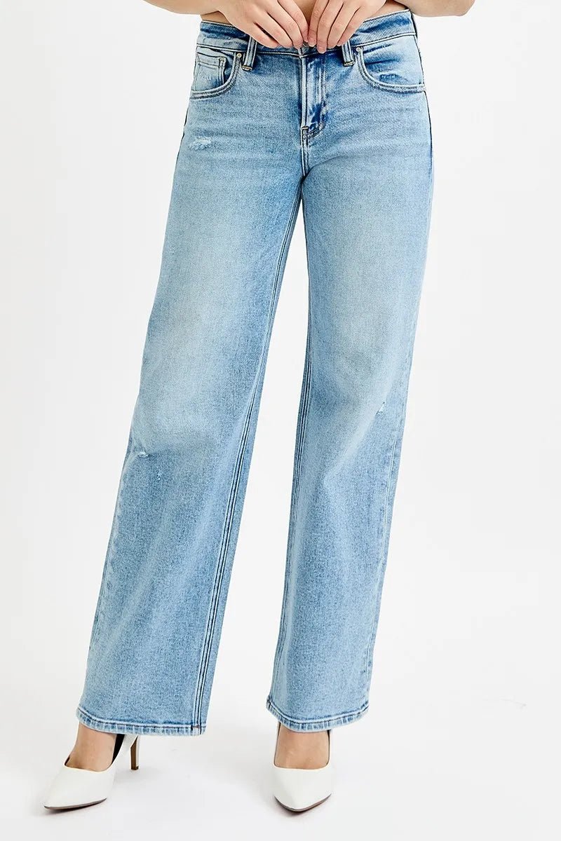 RISEN - Light Wash Distressed Wide Leg Jeans