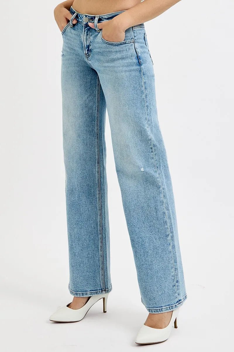 RISEN - Light Wash Distressed Wide Leg Jeans