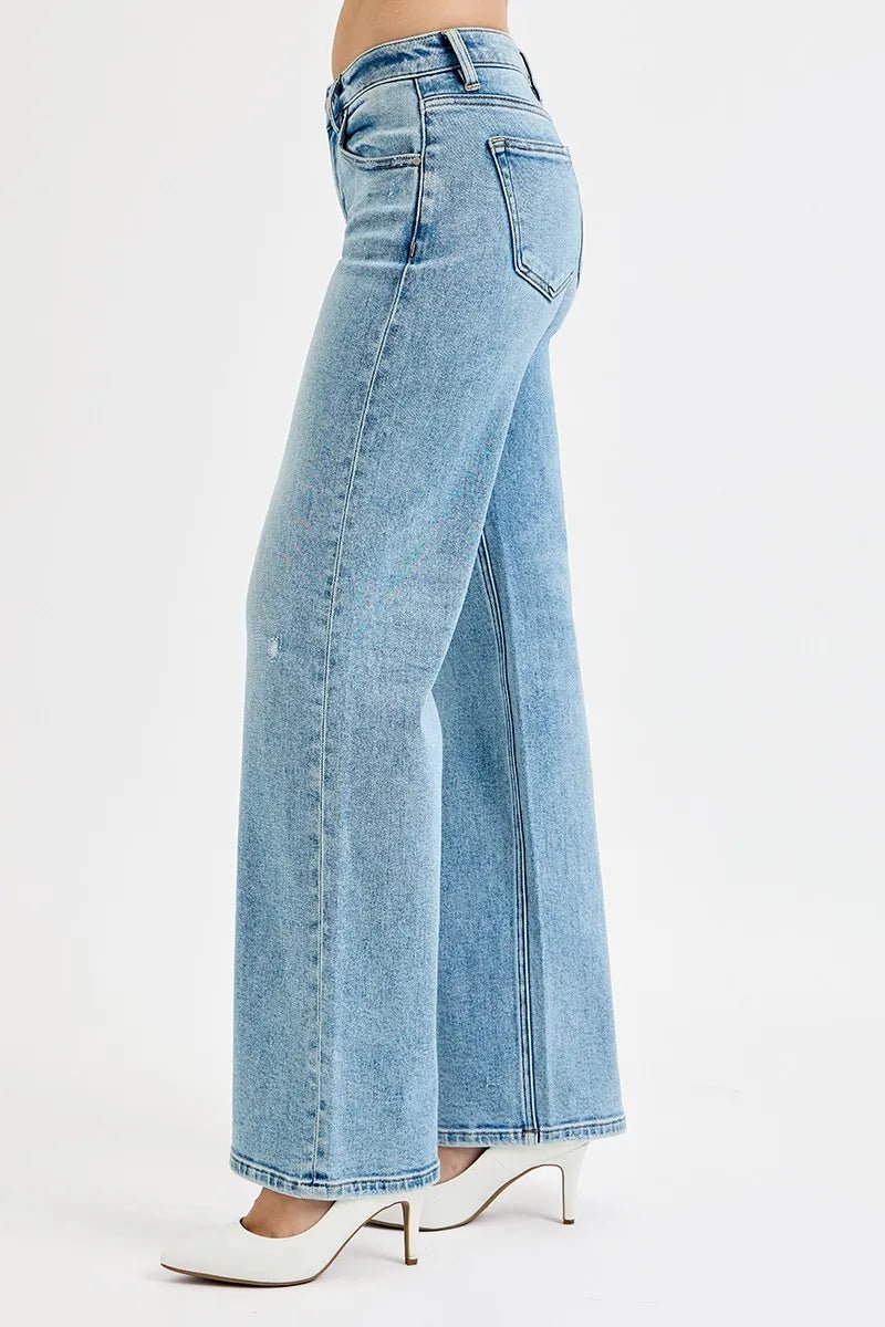 RISEN - Light Wash Distressed Wide Leg Jeans