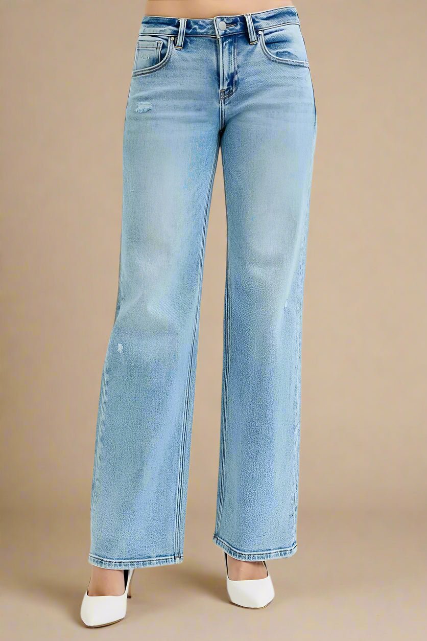 RISEN - Light Wash Distressed Wide Leg Jeans