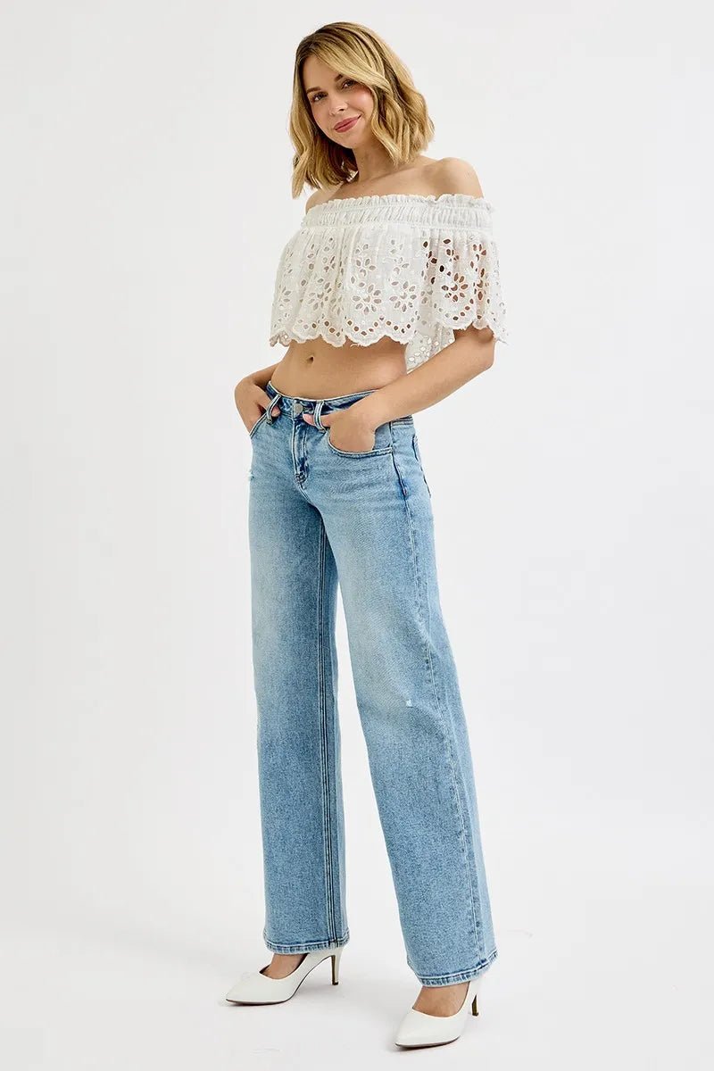 RISEN - Light Wash Distressed Wide Leg Jeans