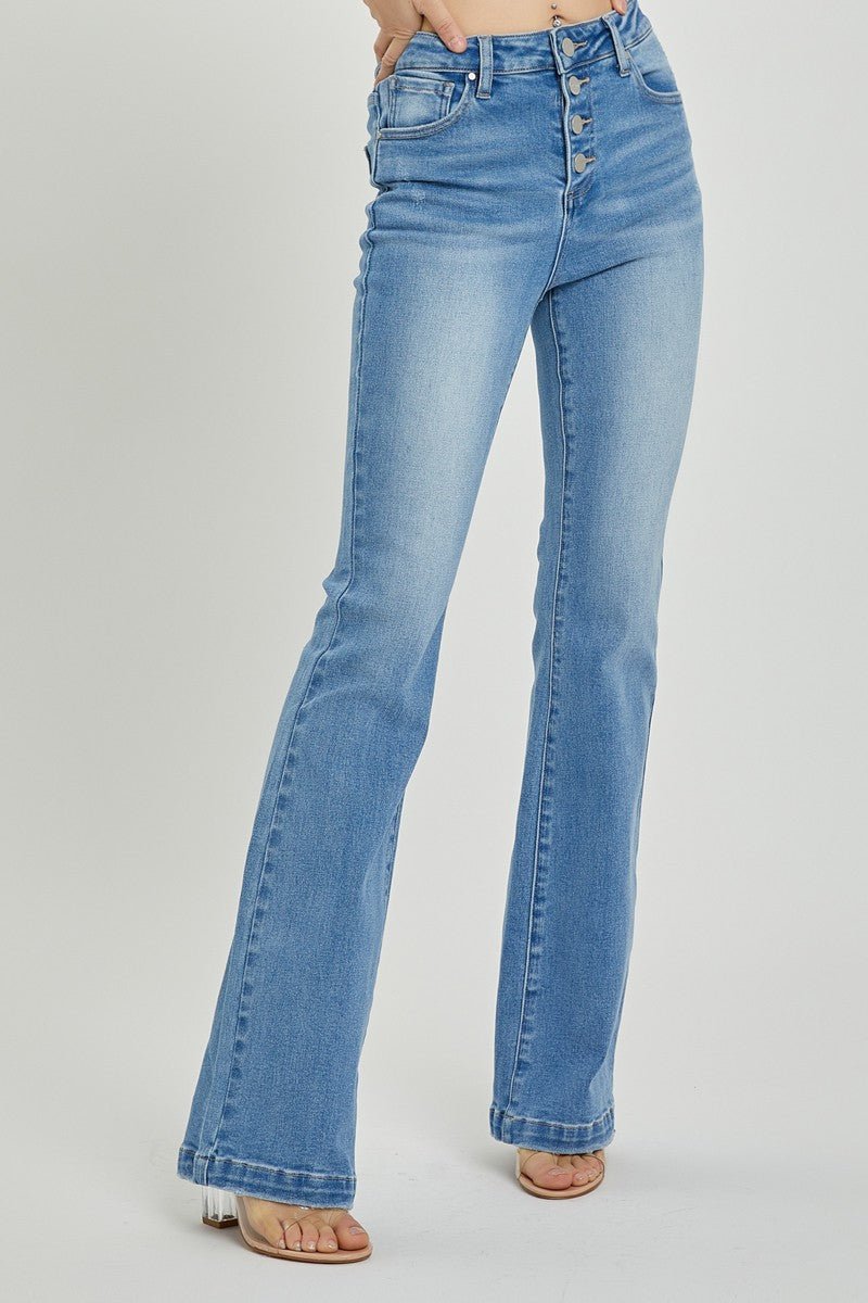 RISEN - Light Wash High Rise Button Fly Bootcut Jeans