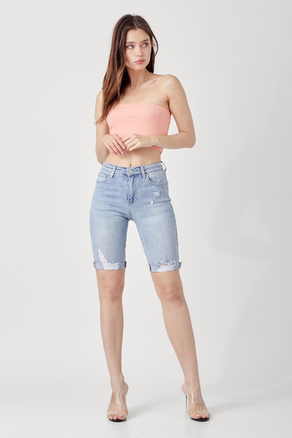 RISEN - Light Wash High Rise Distressed Denim Bermuda Shorts