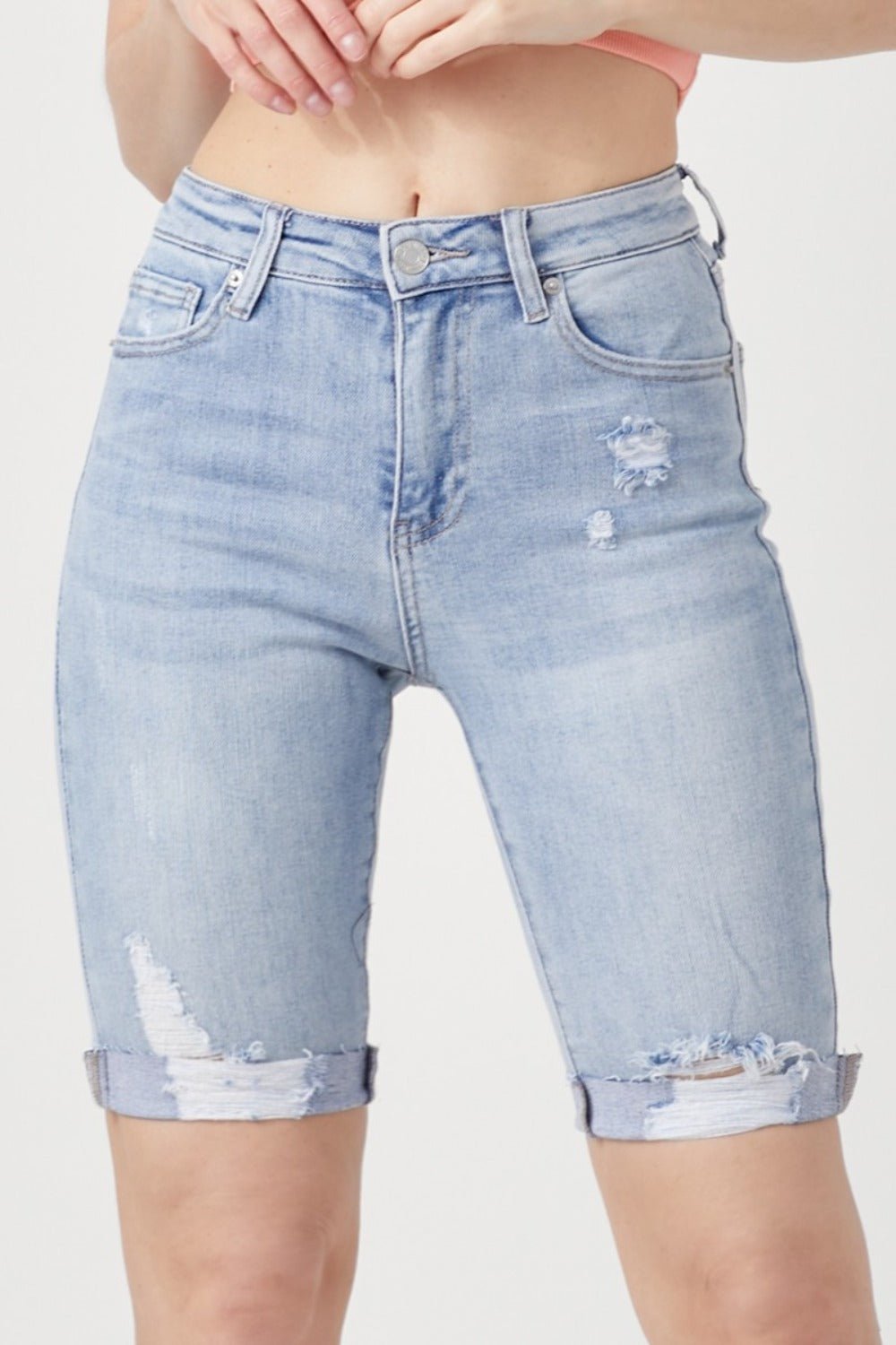 RISEN - Light Wash High Rise Distressed Denim Bermuda Shorts