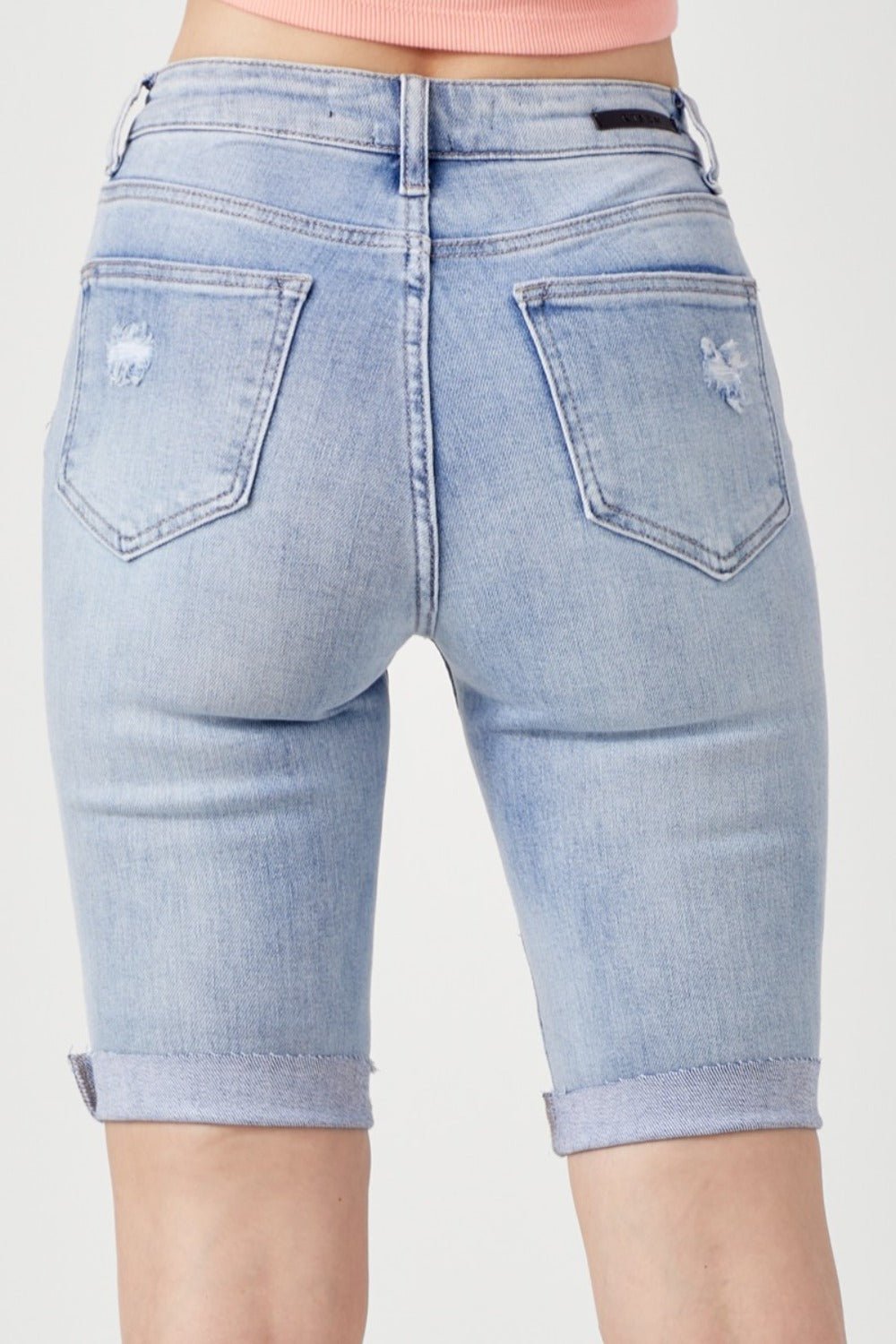 RISEN - Light Wash High Rise Distressed Denim Bermuda Shorts