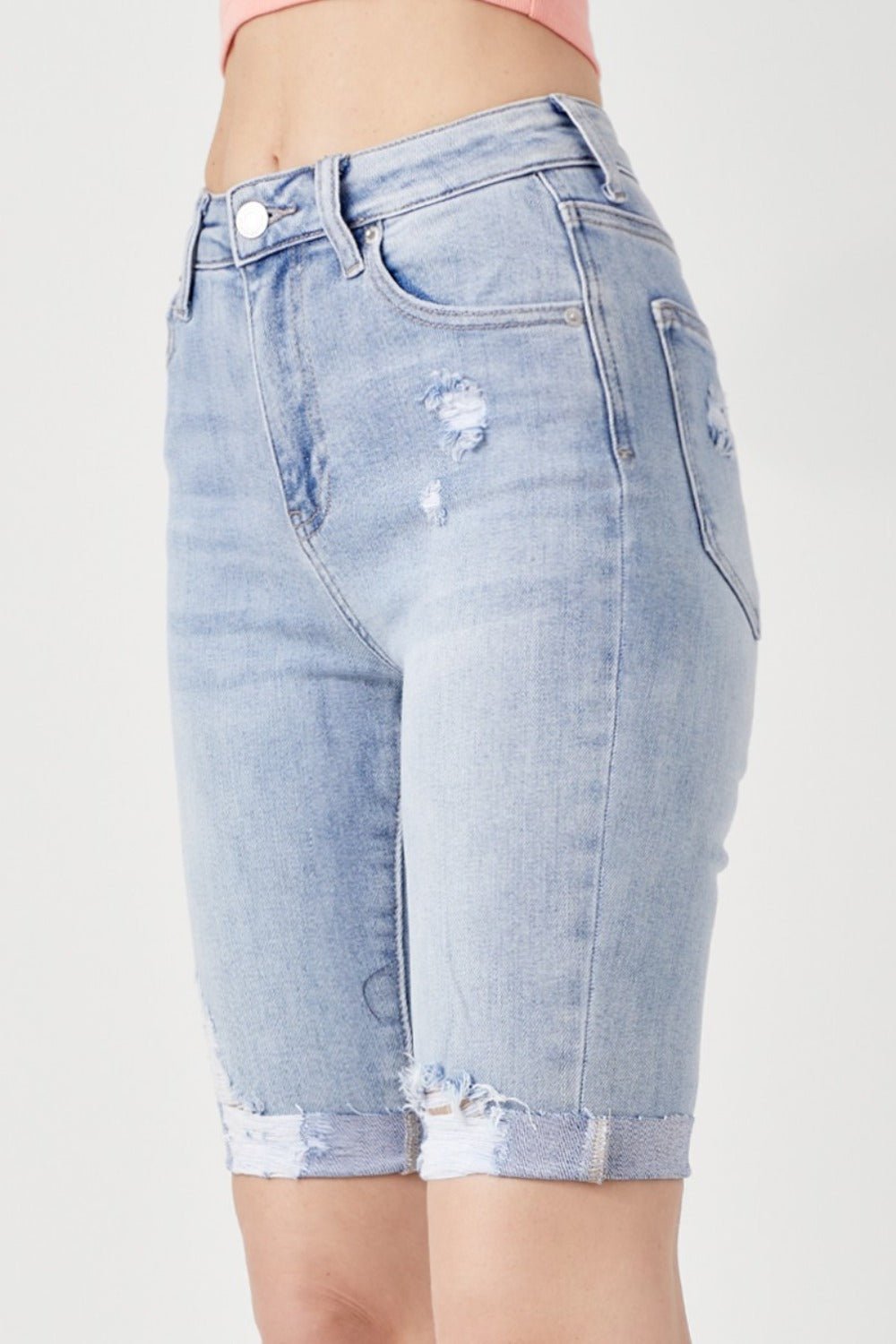 RISEN - Light Wash High Rise Distressed Denim Bermuda Shorts