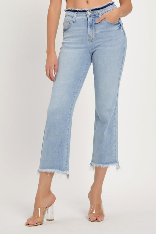 RISEN - Light Wash High Rise Raw Edge Crop Jeans