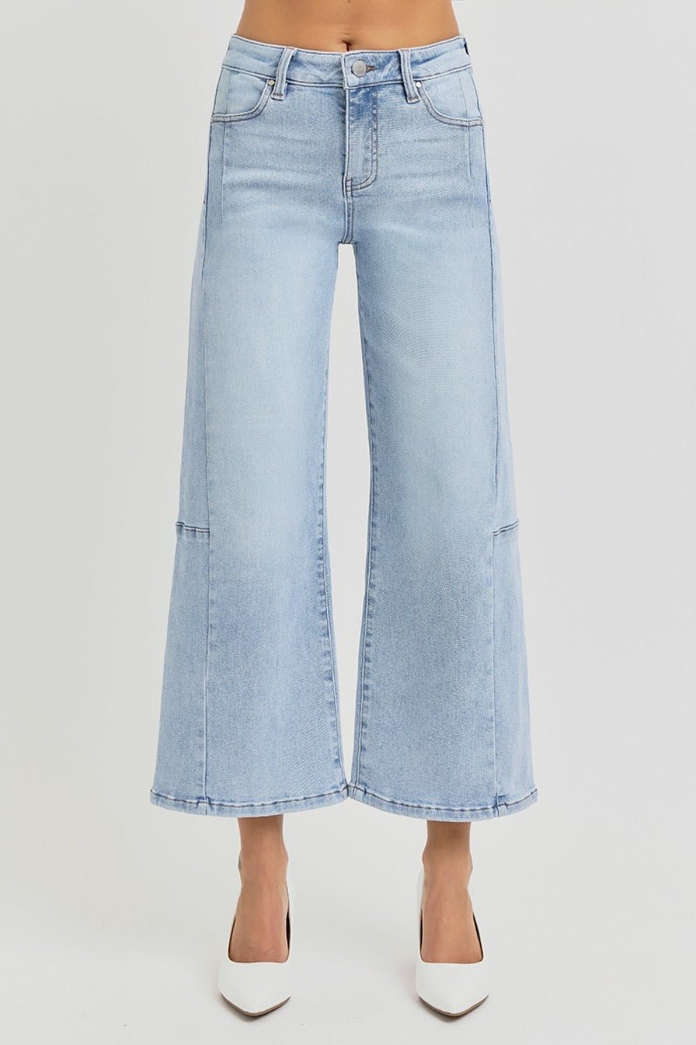 RISEN - Light Wash High Rise Seam Detail Wide Leg Crop Jeans