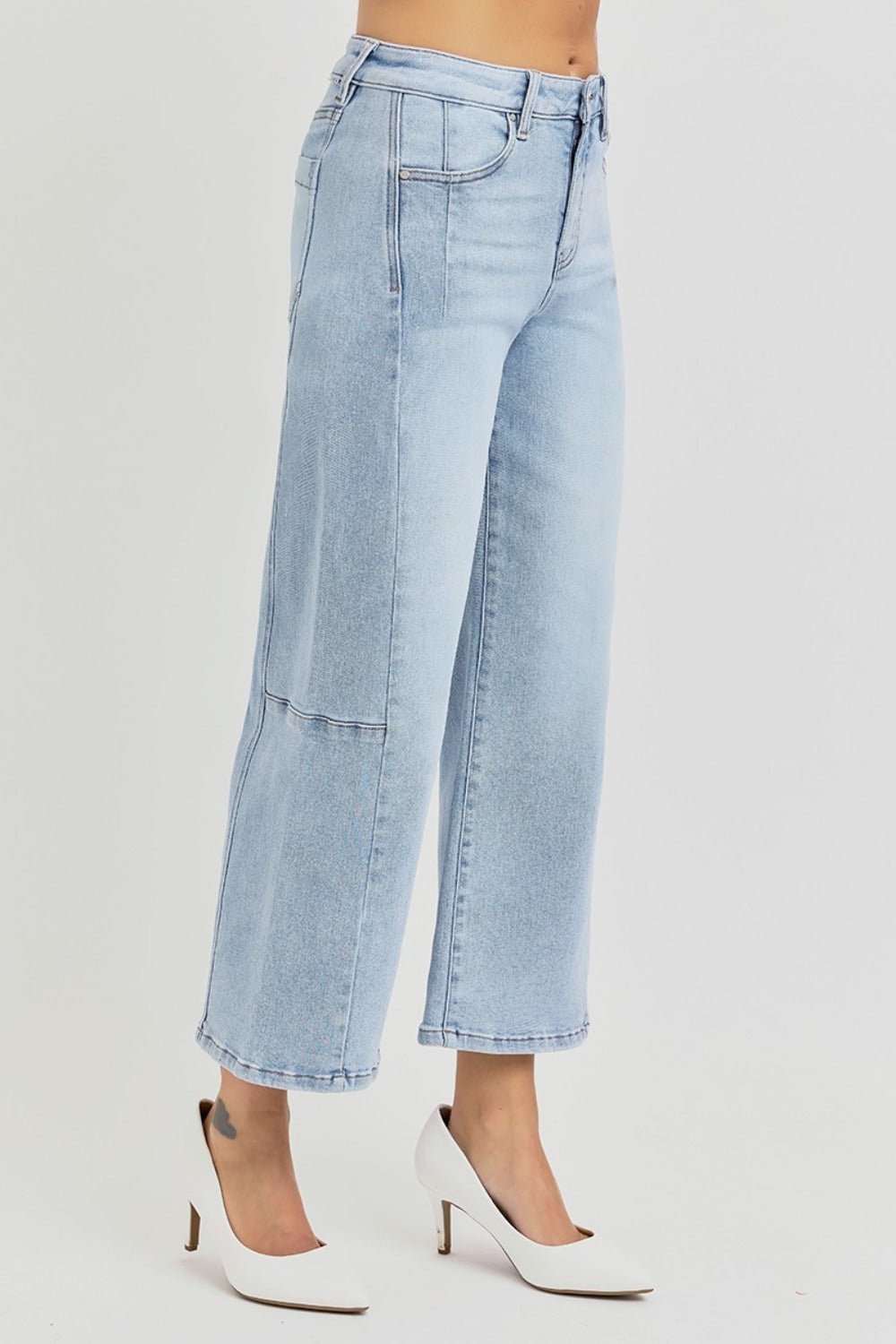 RISEN - Light Wash High Rise Seam Detail Wide Leg Crop Jeans