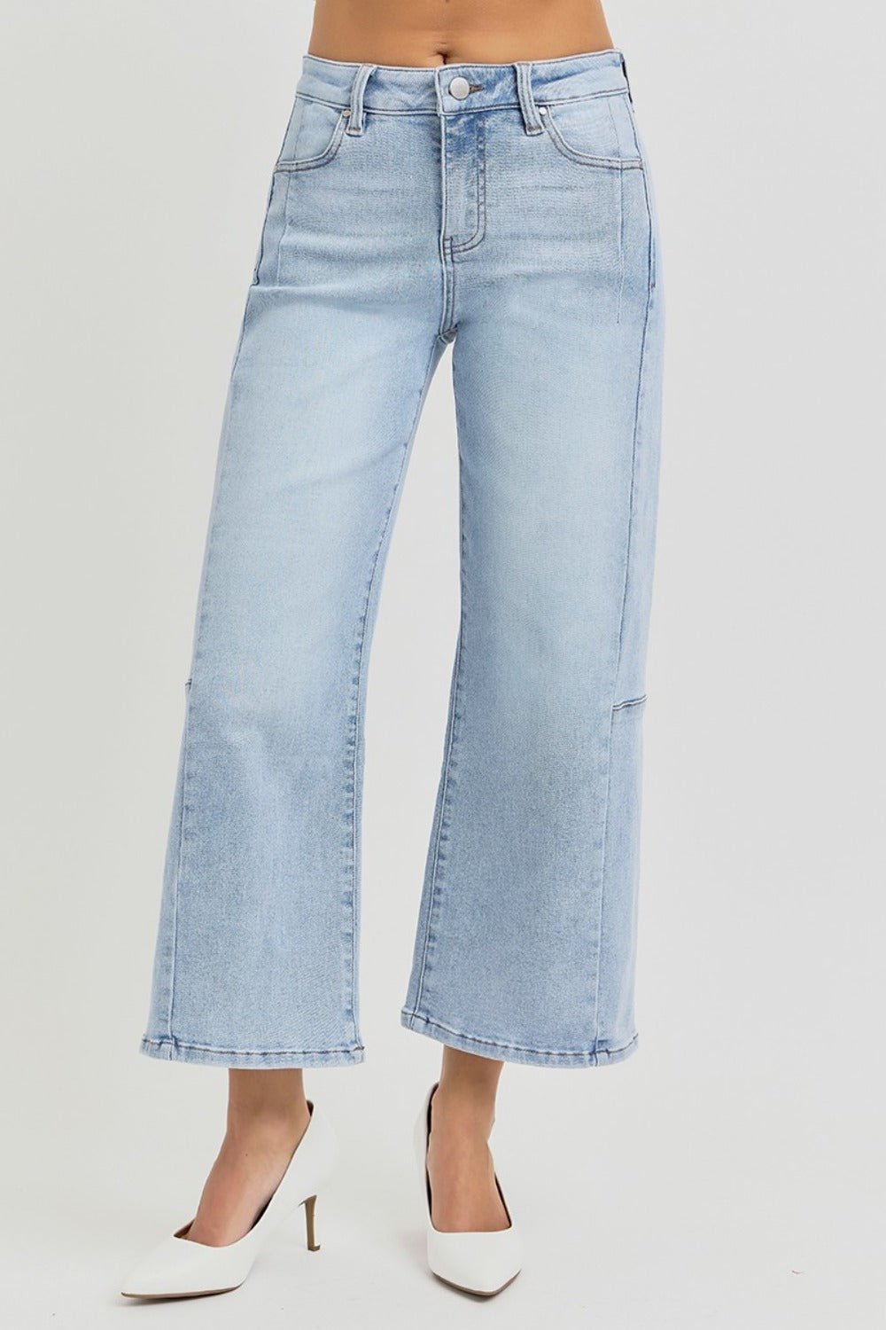 RISEN - Light Wash High Rise Seam Detail Wide Leg Crop Jeans