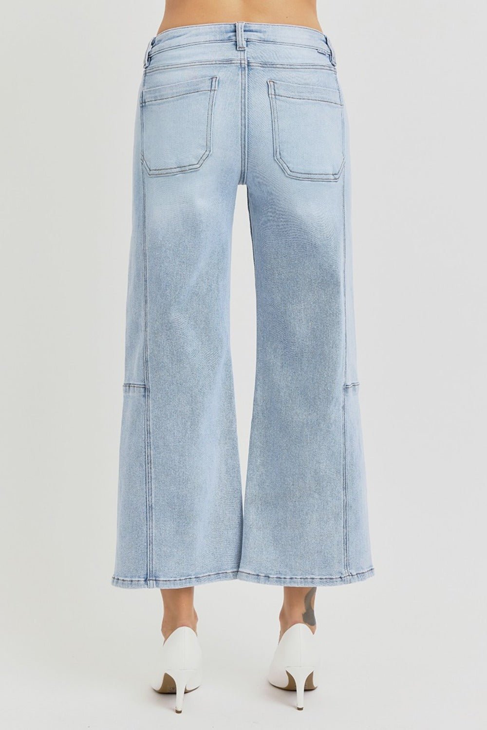 RISEN - Light Wash High Rise Seam Detail Wide Leg Crop Jeans