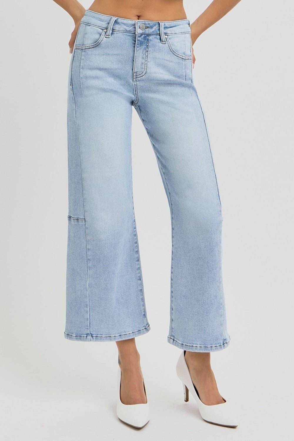 RISEN - Light Wash High Rise Seam Detail Wide Leg Crop Jeans