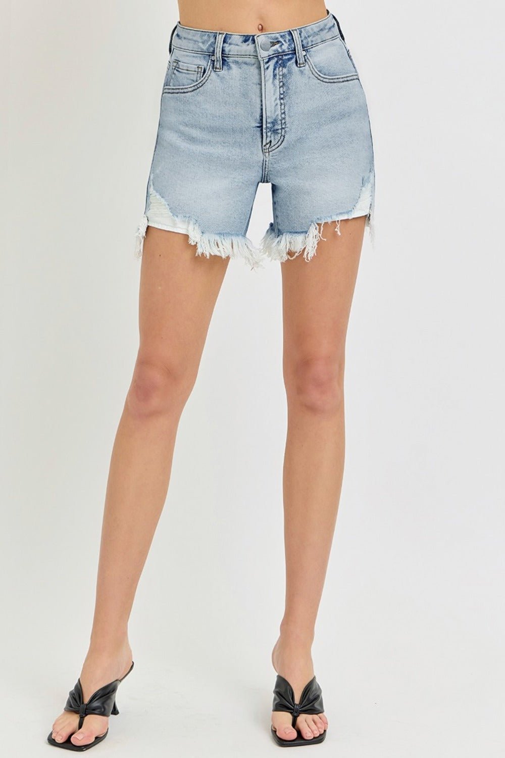 RISEN - Light Wash High Rise Side Step Hem Denim Shorts