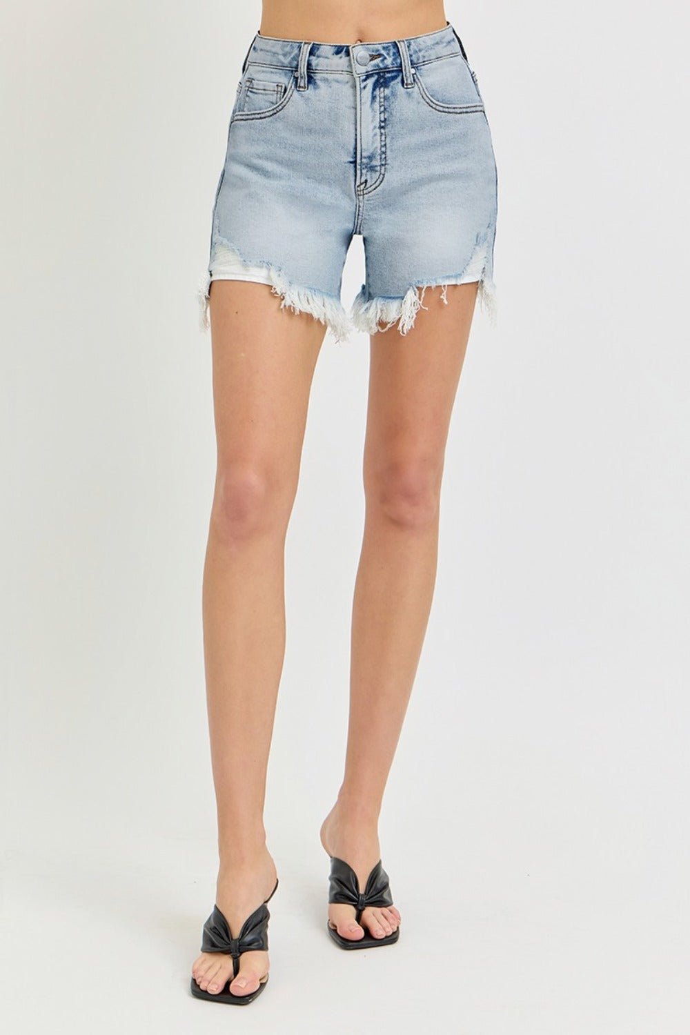 RISEN - Light Wash High Rise Side Step Hem Denim Shorts