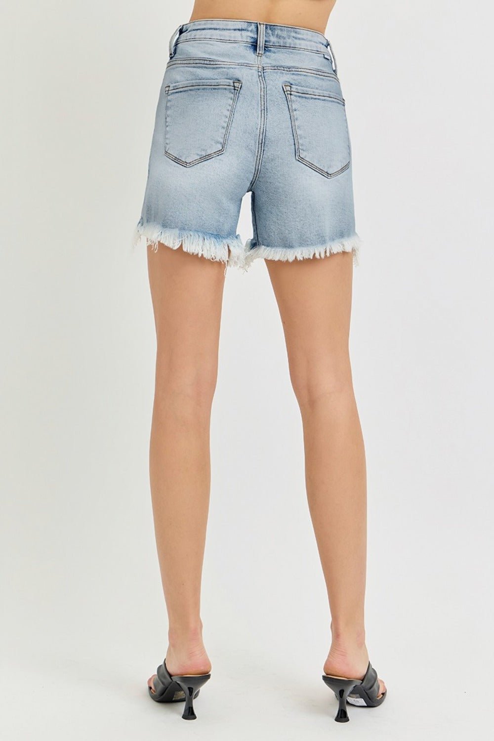 RISEN - Light Wash High Rise Side Step Hem Denim Shorts