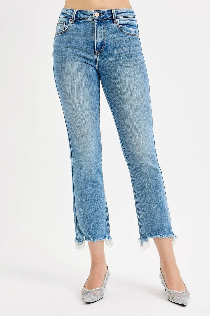 RISEN - Light Wash High Rise Straight Crop Jeans with Frayed Hem