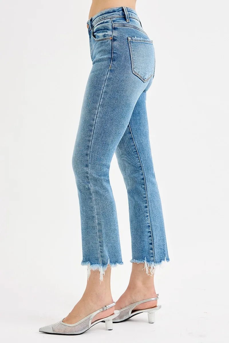 RISEN - Light Wash High Rise Straight Crop Jeans with Frayed Hem
