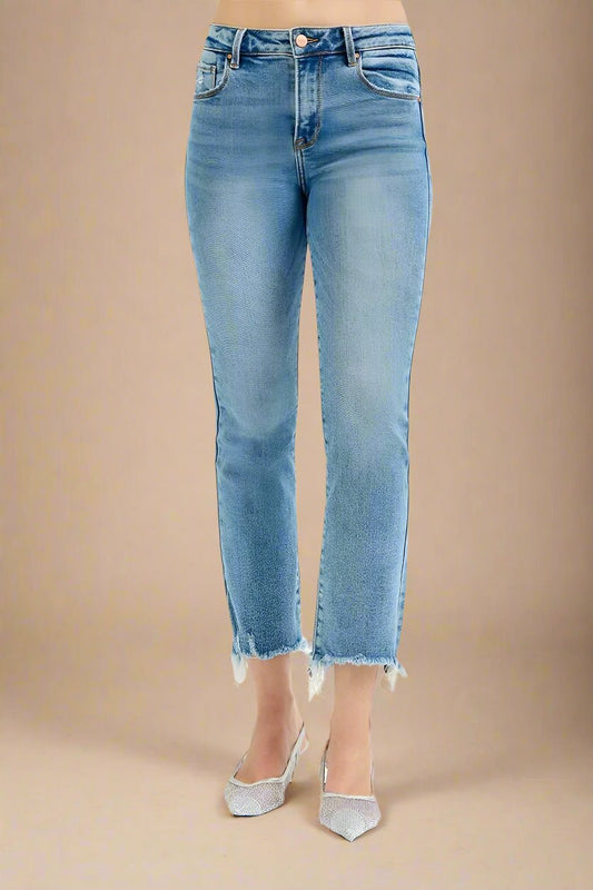 RISEN - Light Wash High Rise Straight Crop Jeans with Frayed Hem