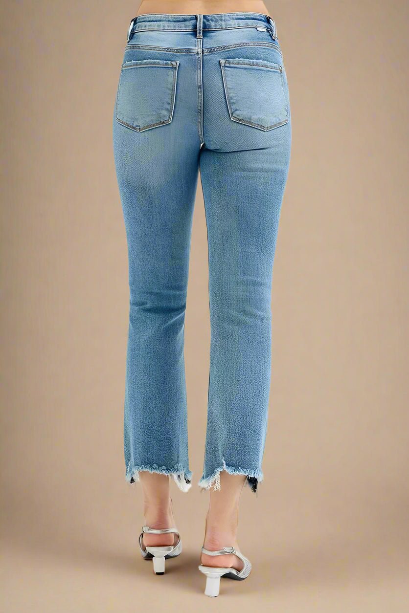 RISEN - Light Wash High Rise Straight Crop Jeans with Frayed Hem