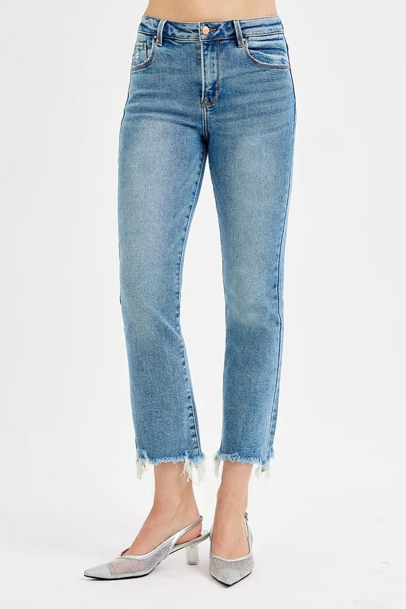 RISEN - Light Wash High Rise Straight Crop Jeans with Frayed Hem