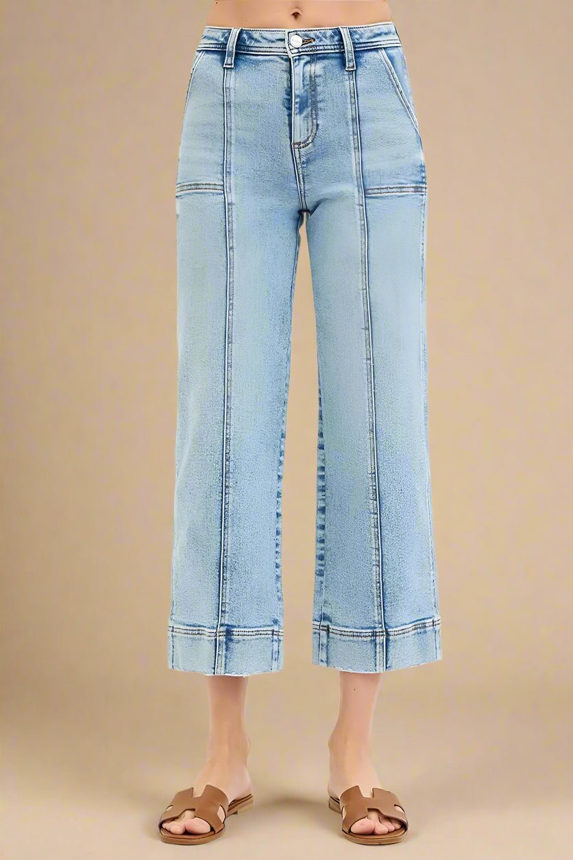 RISEN - Light Wash High Rise Wide Leg Crop Jeans with Seam Detail