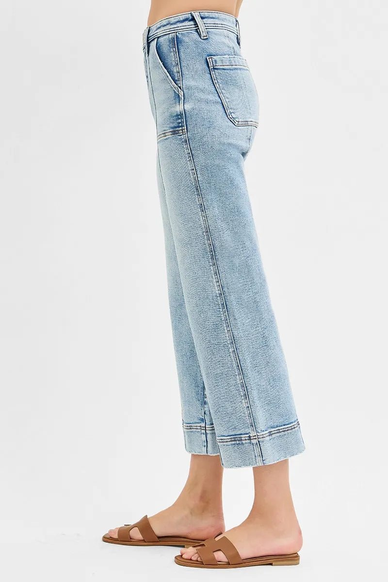 RISEN - Light Wash High Rise Wide Leg Crop Jeans with Seam Detail
