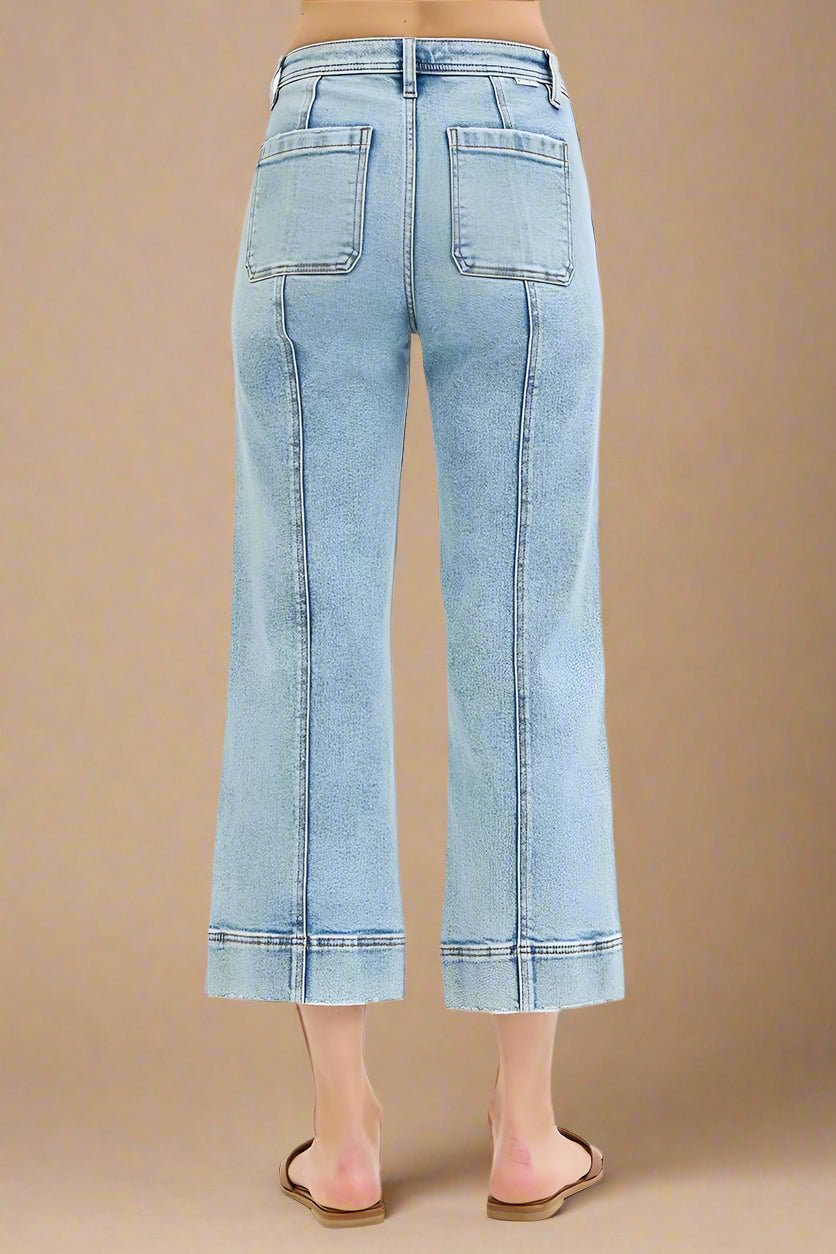 RISEN - Light Wash High Rise Wide Leg Crop Jeans with Seam Detail