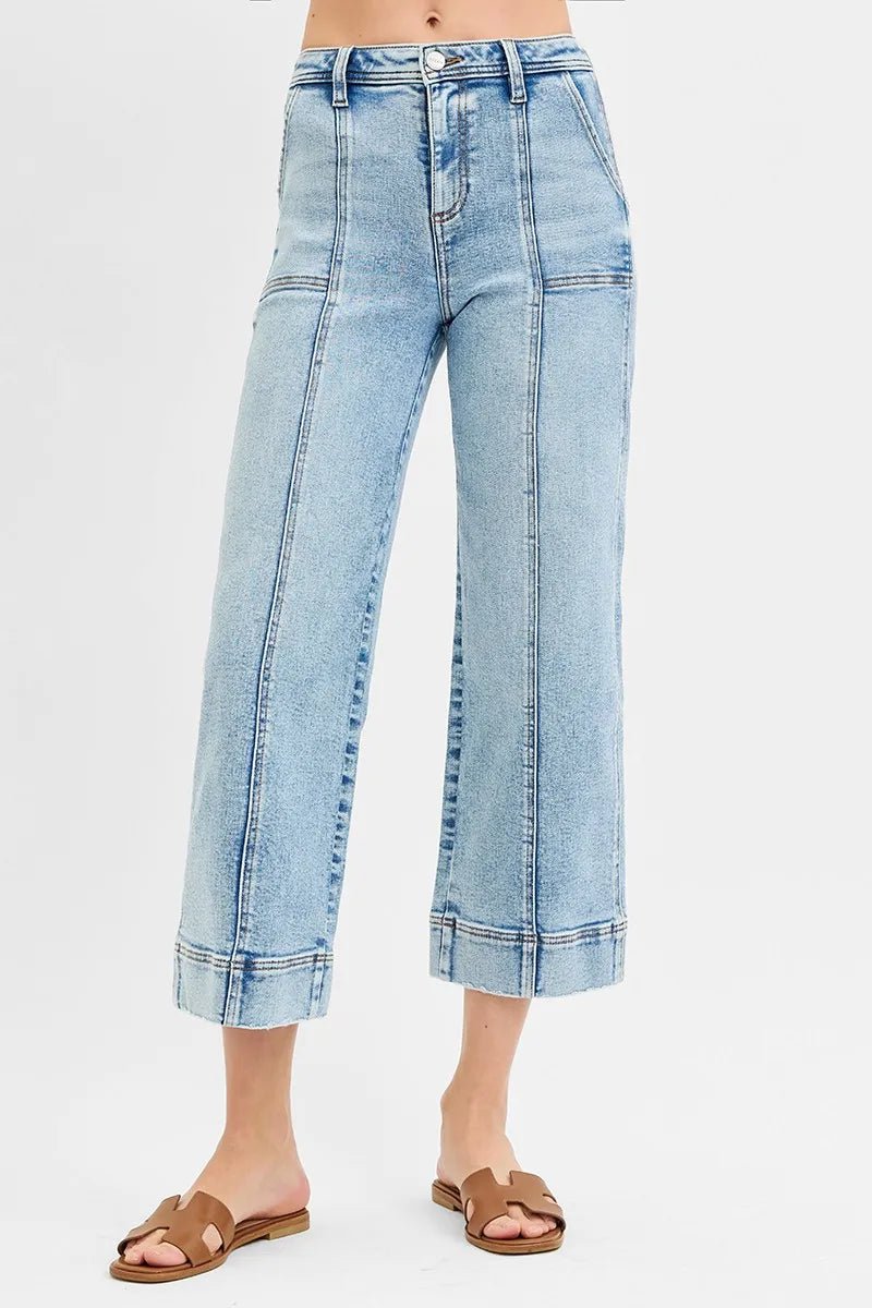RISEN - Light Wash High Rise Wide Leg Crop Jeans with Seam Detail