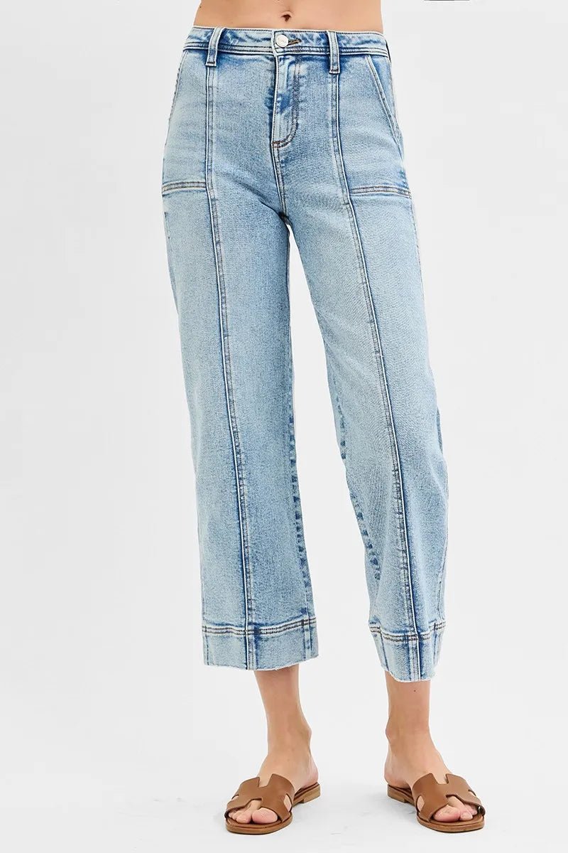 RISEN - Light Wash High Rise Wide Leg Crop Jeans with Seam Detail
