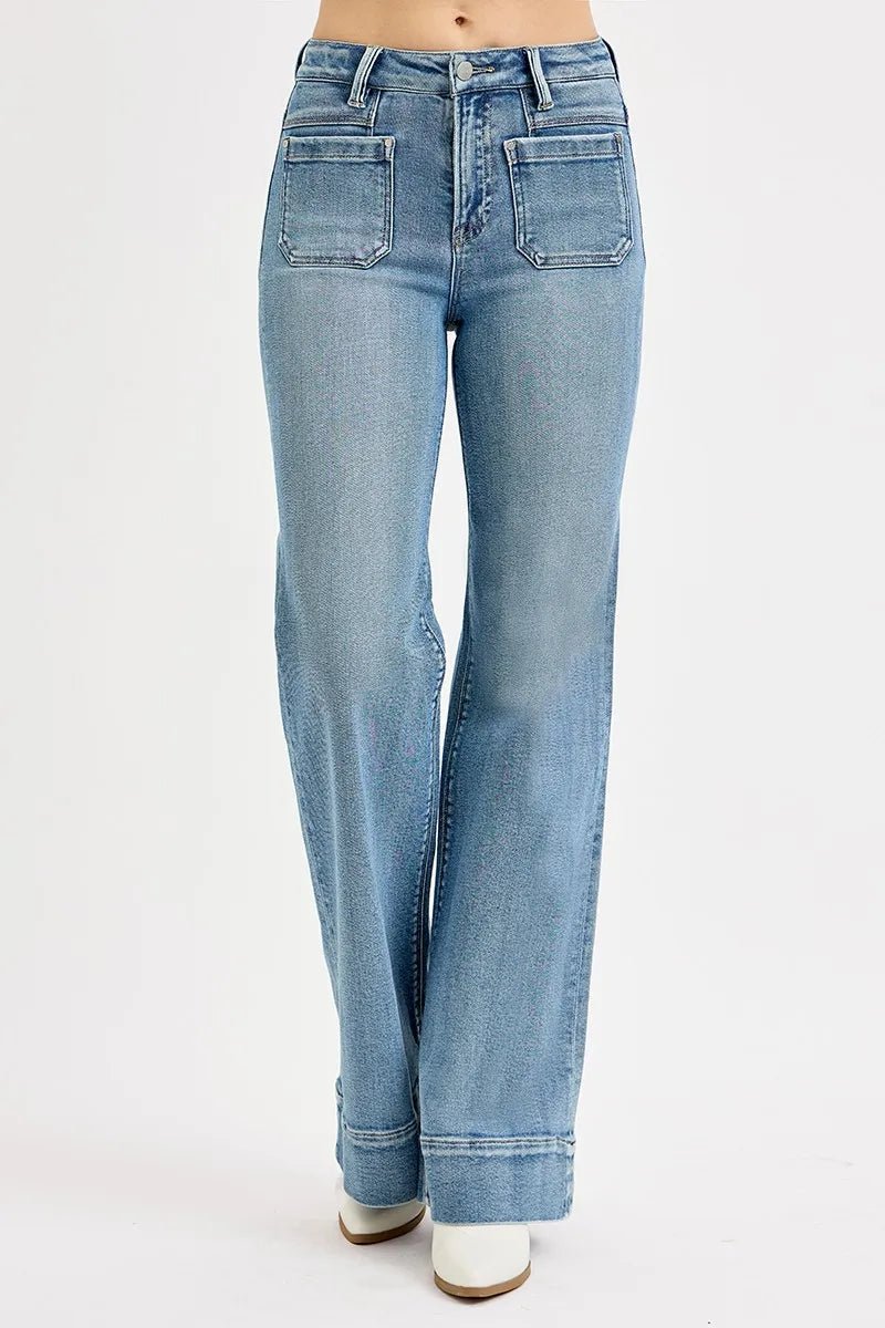 RISEN - Light Wash High Rise Wide Leg Jeans with Front Pockets