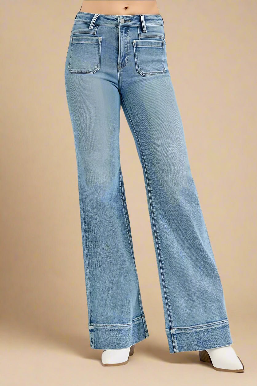 RISEN - Light Wash High Rise Wide Leg Jeans with Front Pockets