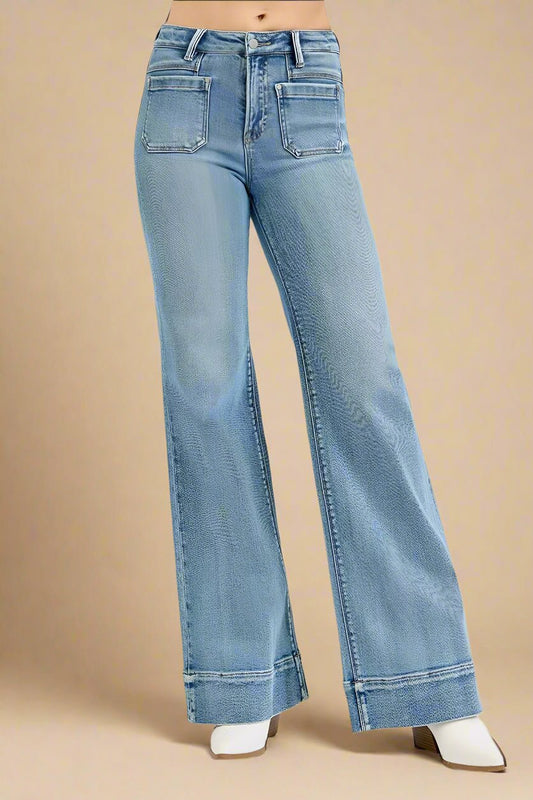 RISEN - Light Wash High Rise Wide Leg Jeans with Front Pockets