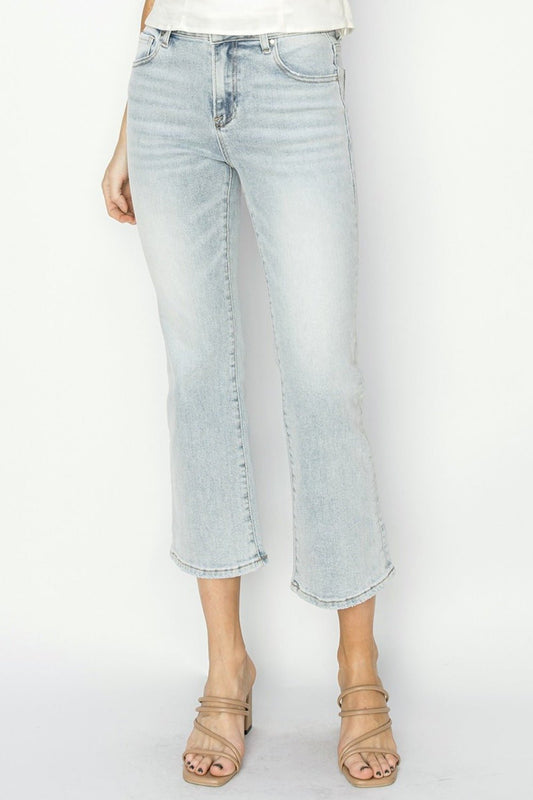 RISEN - Light Wash Mid Rise Cropped Flare Jeans