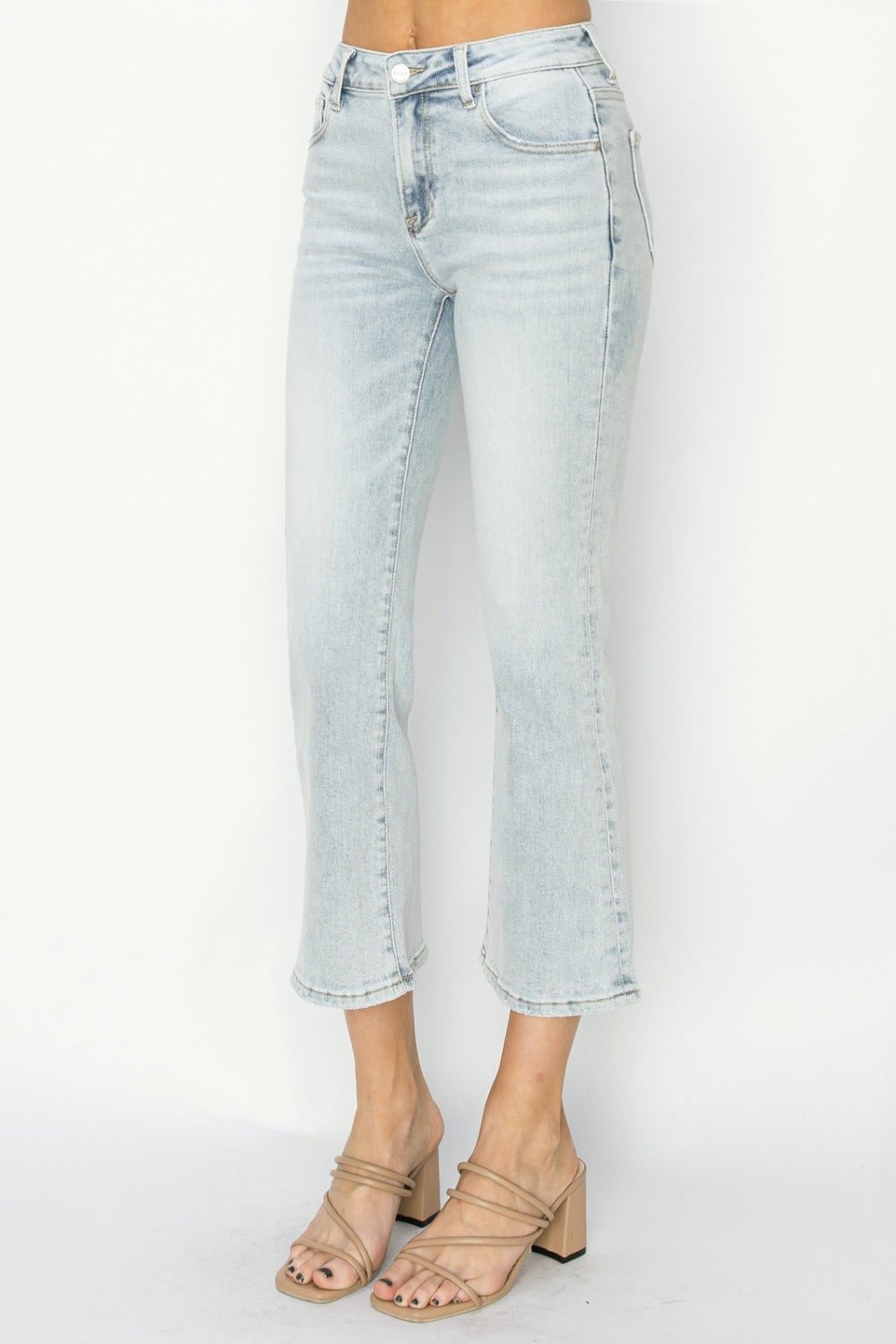 RISEN - Light Wash Mid Rise Cropped Flare Jeans