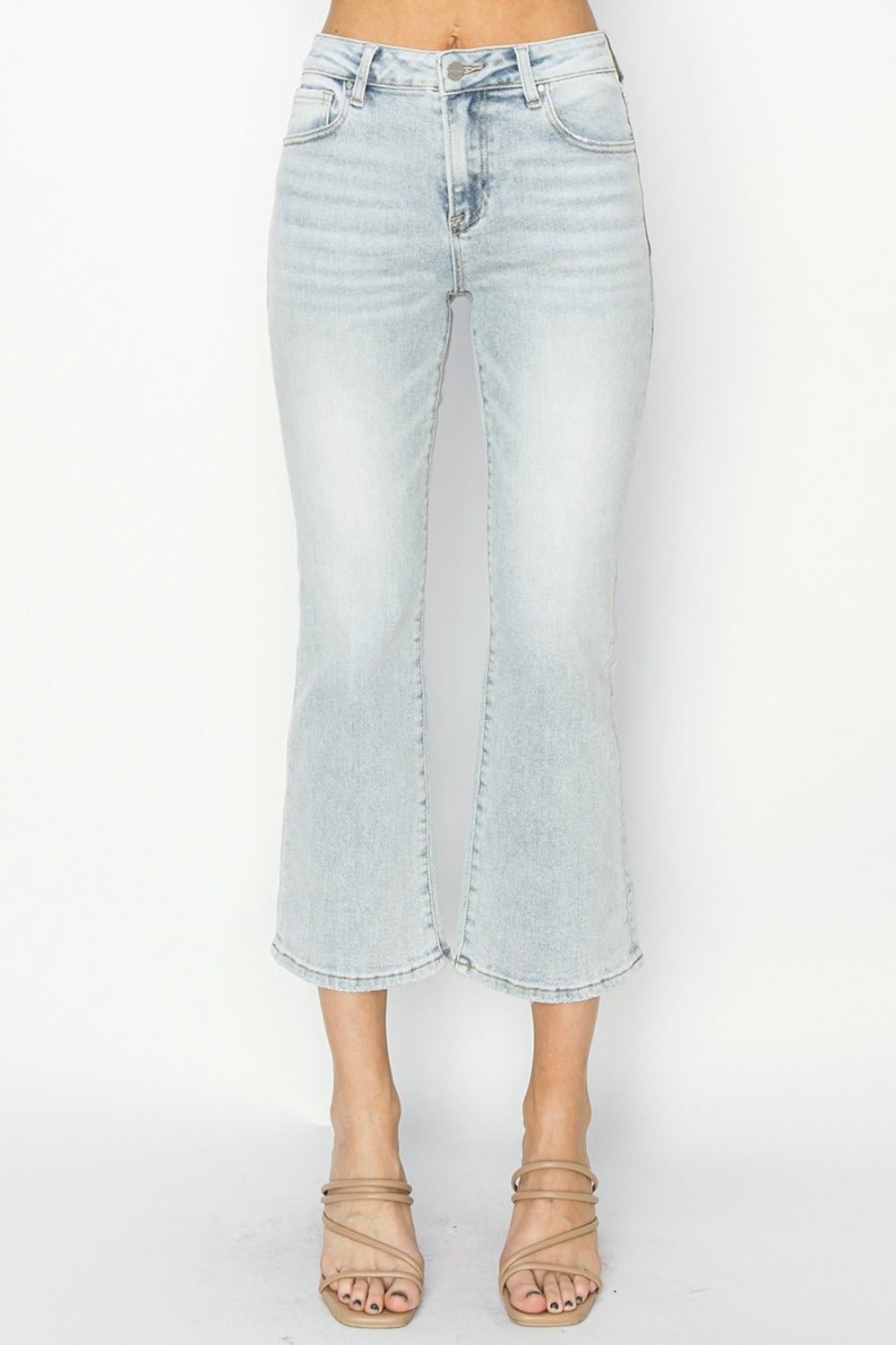 RISEN - Light Wash Mid Rise Cropped Flare Jeans