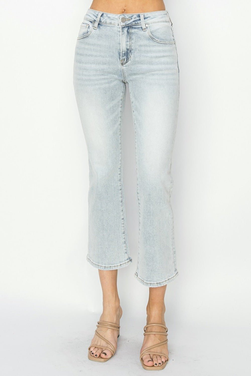 RISEN - Light Wash Mid Rise Cropped Flare Jeans