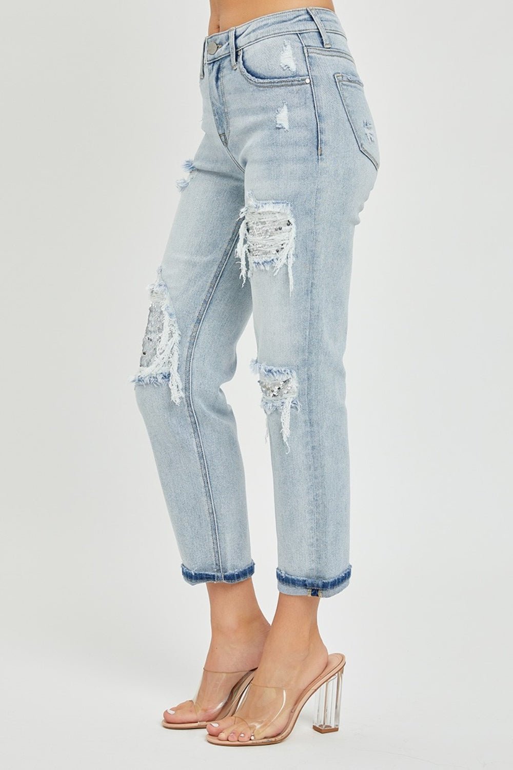 RISEN - Light Wash Mid - Rise Sequin Patched Jeans