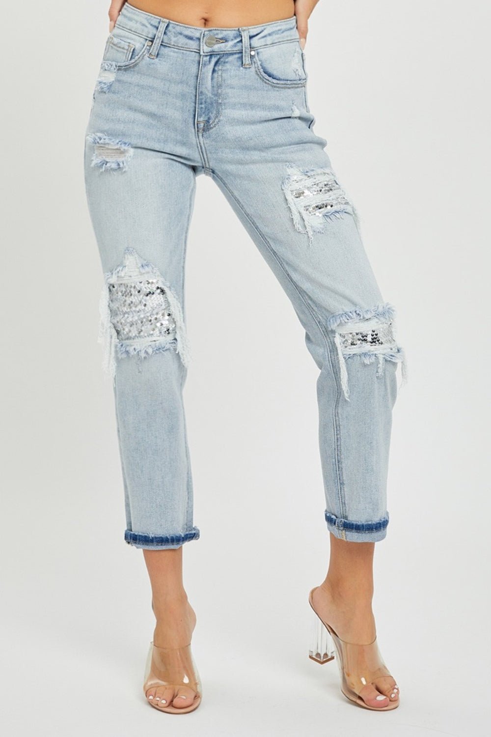 RISEN - Light Wash Mid - Rise Sequin Patched Jeans