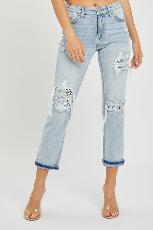 RISEN - Light Wash Mid - Rise Sequin Patched Jeans