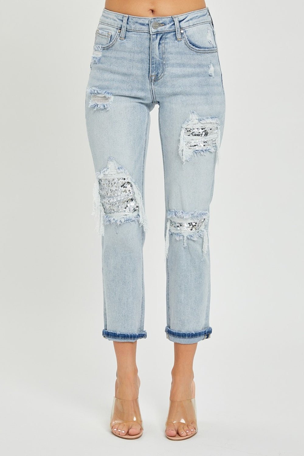 RISEN - Light Wash Mid - Rise Sequin Patched Jeans