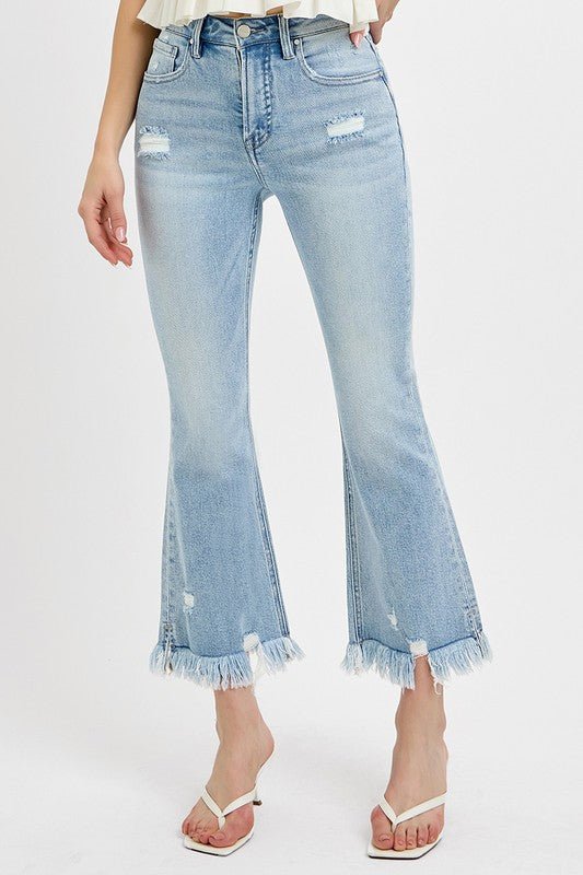 RISEN - Light Wash Raw Hem Distressed Cropped Flare Jeans