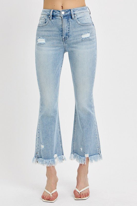 RISEN - Light Wash Raw Hem Distressed Cropped Flare Jeans