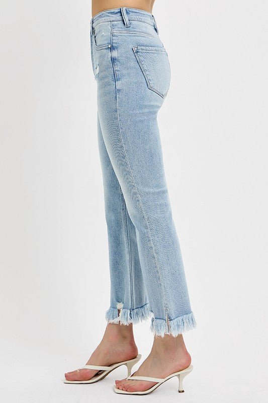 RISEN - Light Wash Raw Hem Distressed Cropped Flare Jeans