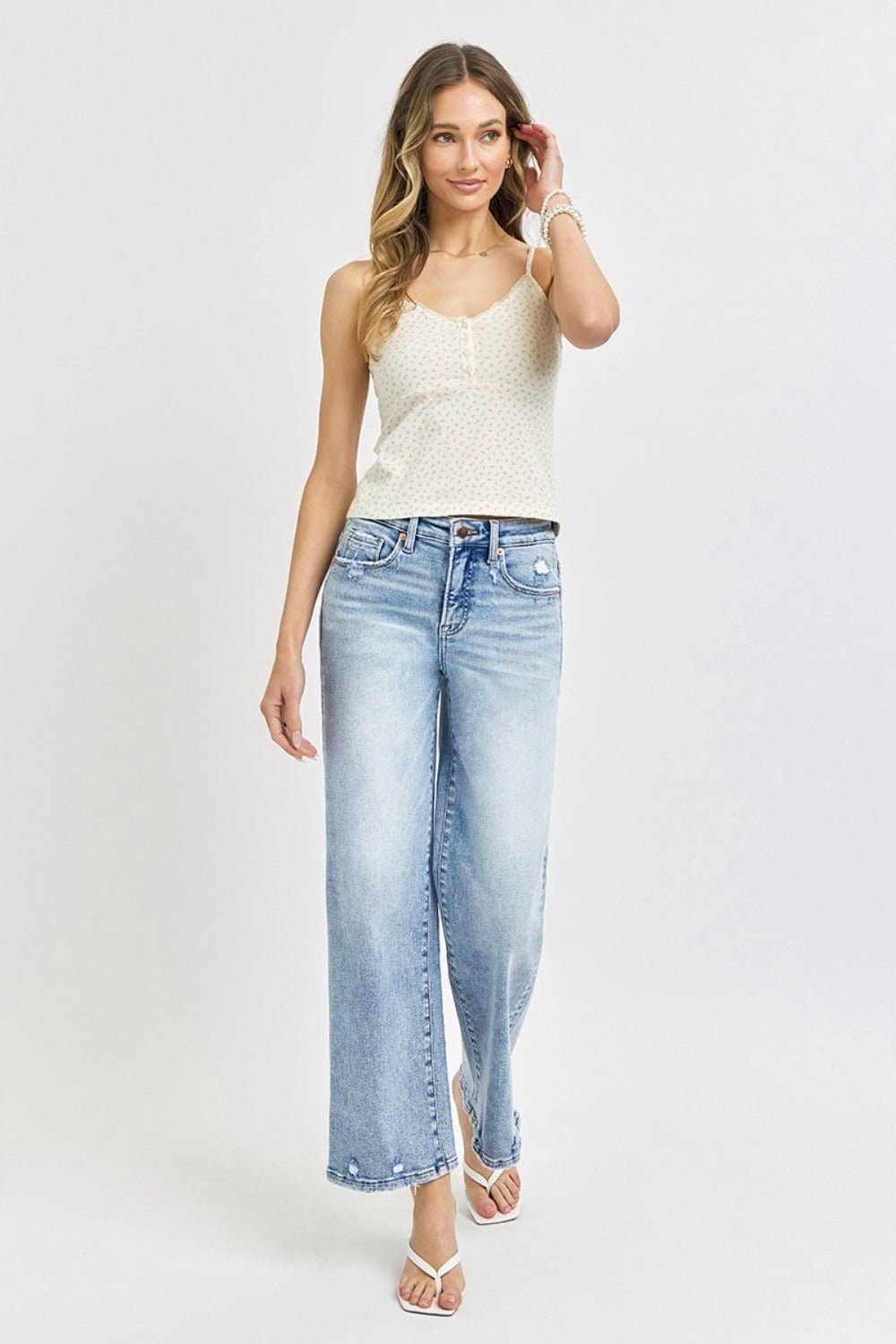 RISEN - Light Wash Tummy Control High Rise Crop Wide Leg Jeans