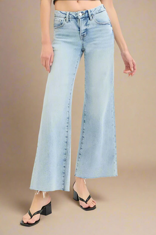 RISEN - Light Wash Wide Leg Jeans with Raw Hem
