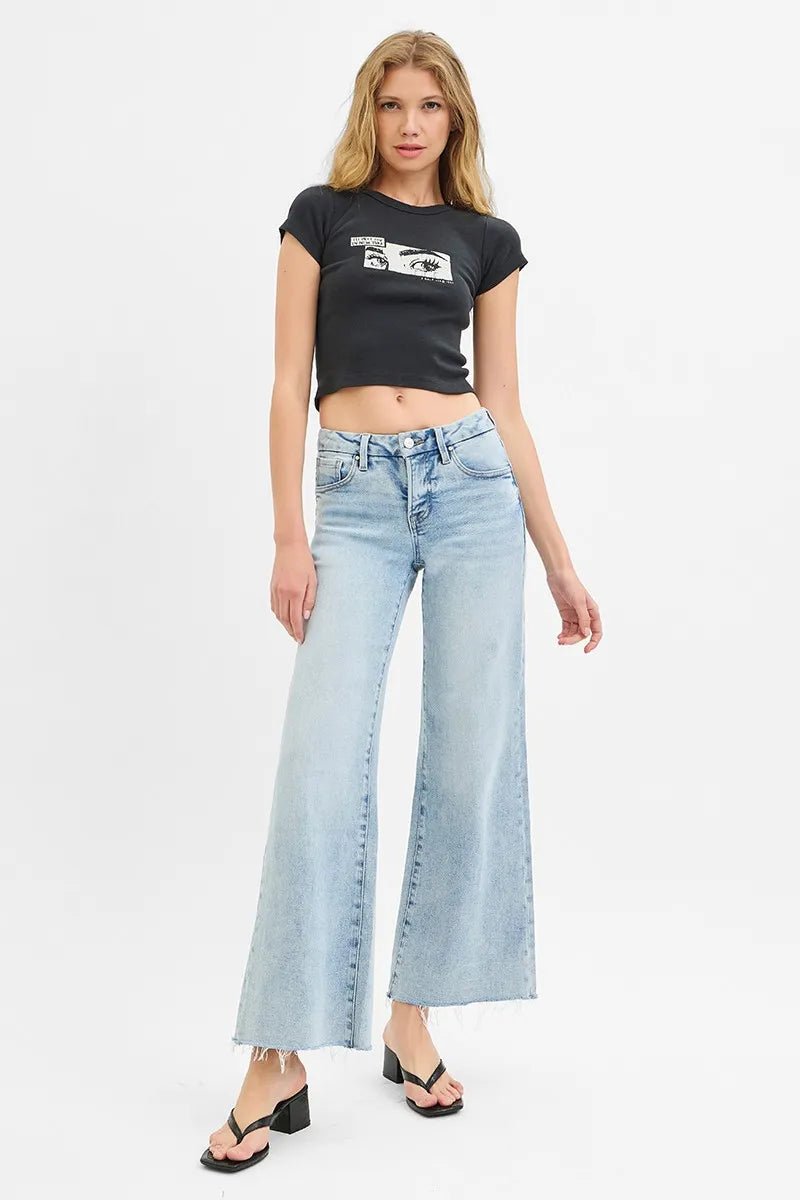 RISEN - Light Wash Wide Leg Jeans with Raw Hem