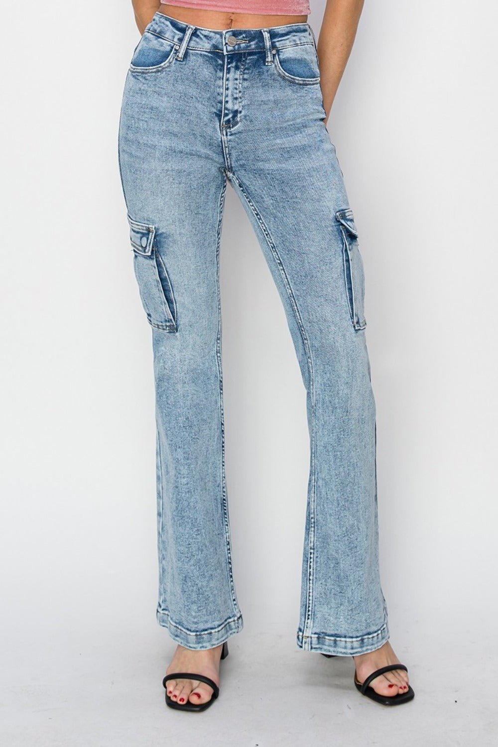 RISEN - Medium Acid Wash High Rise Cargo Flare Jeans