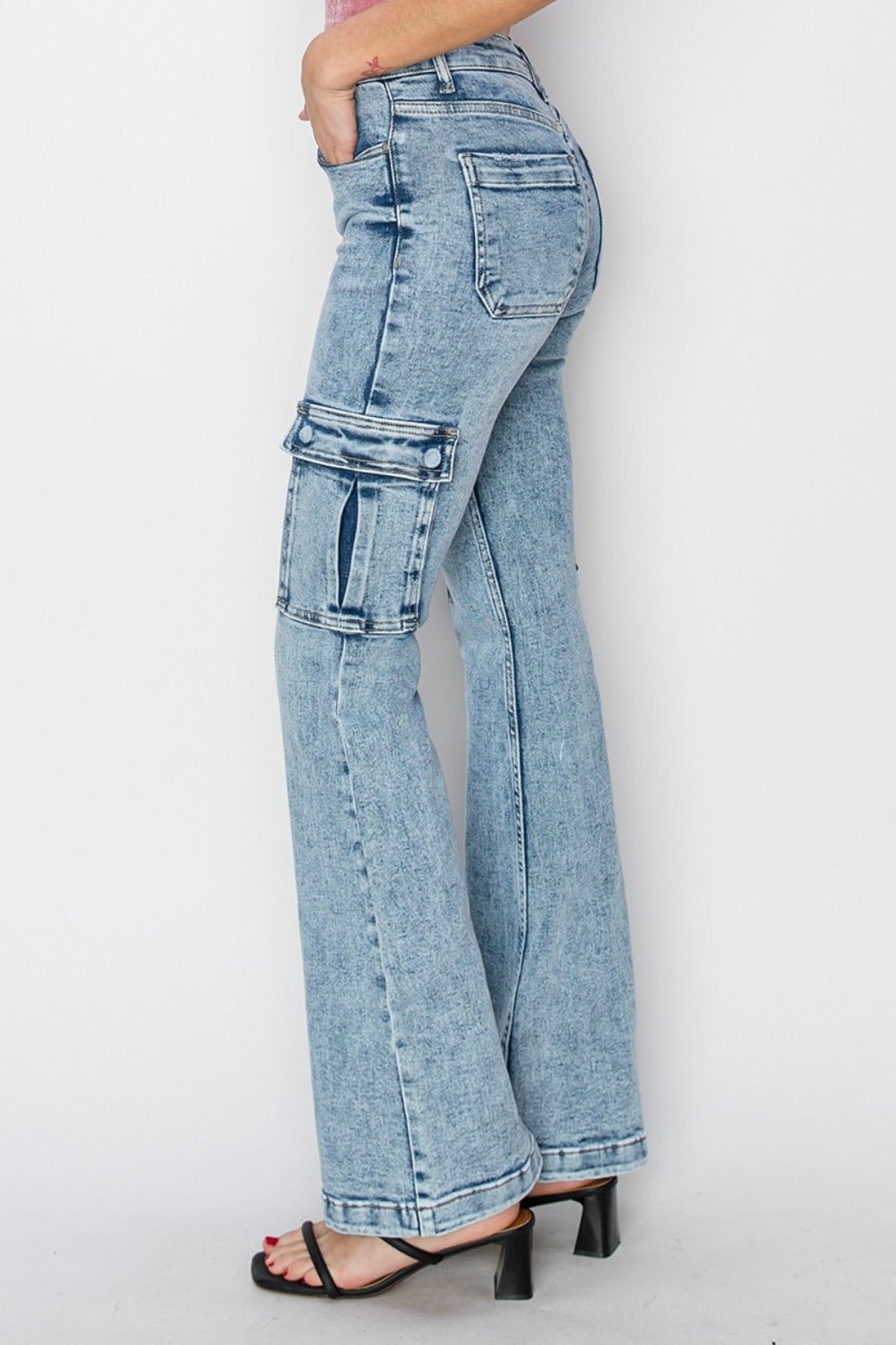 RISEN - Medium Acid Wash High Rise Cargo Flare Jeans