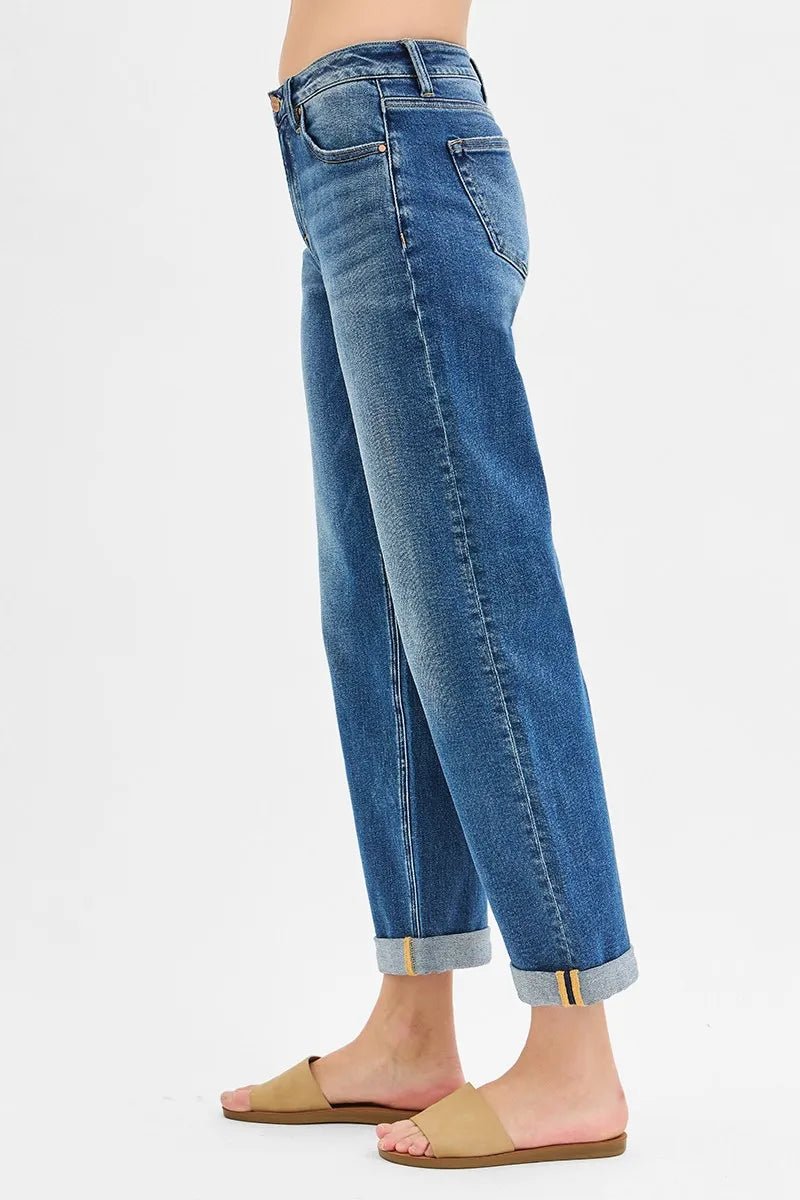 RISEN - Medium Wash Cuffed Straight Leg Jeans
