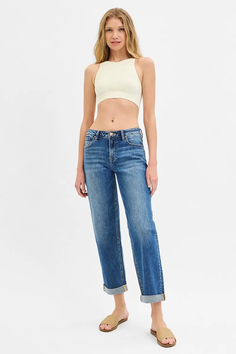 RISEN - Medium Wash Cuffed Straight Leg Jeans